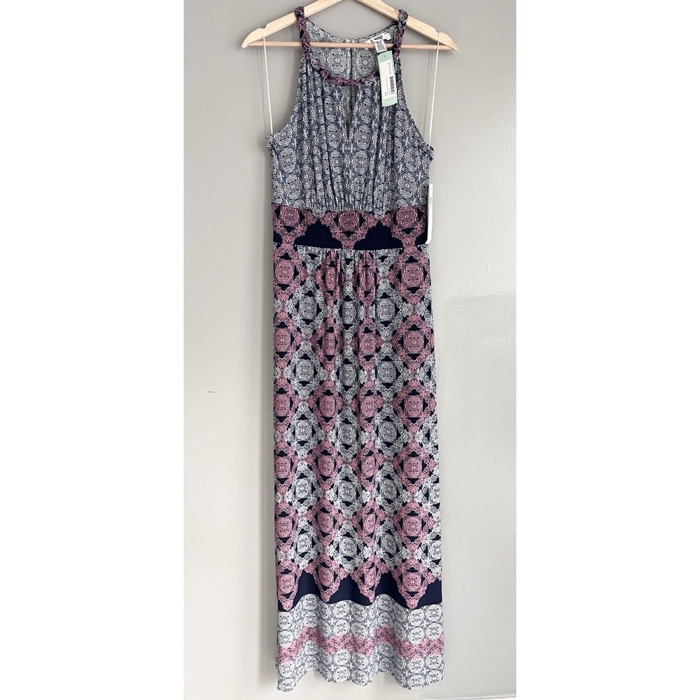 Wisp Stitch Fix Maxi Dress Navy Pink Halter Keyhole Stretch Geometric Size 6 NWT
